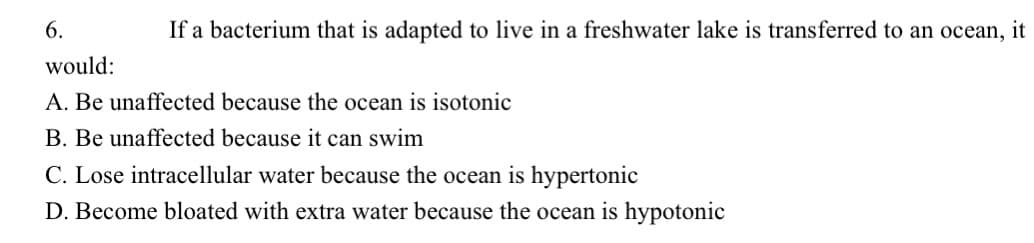 6.
If a bacterium that is adapted to live in a freshwater lake is transferred to an ocean, it
would:
A. Be unaffected because the ocean is isotonic
B. Be unaffected because it can swim
C. Lose intracellular water because the ocean is hypertonic
D. Become bloated with extra water because the ocean is hypotonic

