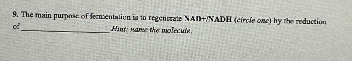 9. The main purpose of fermentation is to regenerate NAD+/NADH (circle one) by the reduction
of
Hint: name the molecule.
