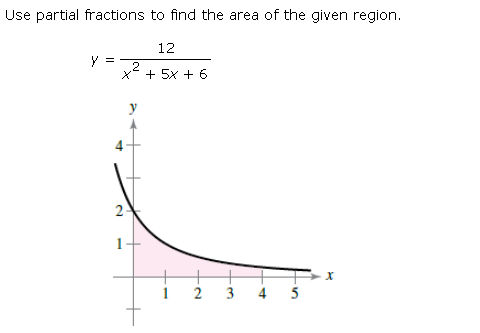 Use partial fractions to find the area of the given region.
12
y =
.2
+ 5x + 6
1
3
4
5
2.

