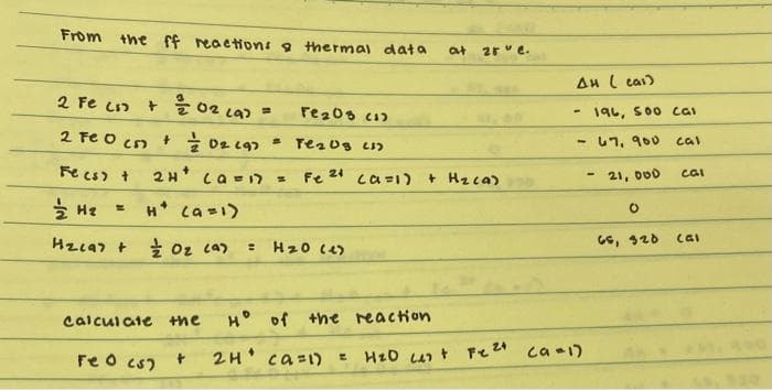 From the ff reactions thermal data
2 Fe (5)
2 Fe 0 (n
가을 02 (9) =
re203 (1)
+// 02 197 = Tez 03 (1)
Fe 21
Fe (s) + 2H+ (a=17
= H* (a=1)
Ξ 02 (9)
H₂
H₂197 +
calculate the
Fe 0 (s)
+
:
=
H₂0 (1)
Ho of
2H¹ ca=1) Z
(a=1)
the reaction
at 25 ue.
+ H₂(a)
H₂D + Fe 2+
AH (cal)
-
196, 500 cal
-
- 47, 900
21, 000
(9=1)
0
GS, 320
cal
CGI
(al