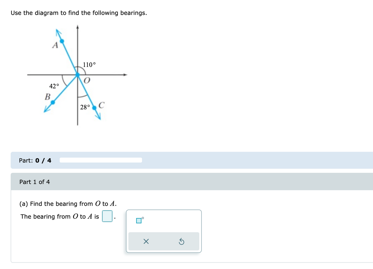 Use the diagram to find the following bearings.
A
110°
42°
В
28°
Part: 0 / 4
Part 1 of 4
(a) Find the bearing from O to A.
The bearing from O to A is
