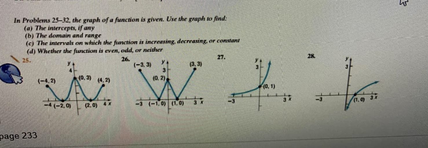 In Problems 25-32, the graph of a function is given. Use the graph to find:
(a) The intercepts, if any
(b) The domain and range
(c) The intervals on which the function is increasing, decreasing, or constant
(d) Whether the function is even, odd, or neither
27.
28.
26.
(-3, 3)
25.
(3, 3)
(-4, 2)
(0, 3)
(4, 2)
(0. 2)
(0, 1)
(1, 0)
-4 (-2,0)
(2,0) 4 x
-3 (-1.0) (1. 0)
3 X
