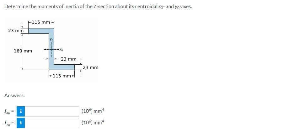 Determine the moments of inertia of the Z-section about its centroidal xo- and yo-axes.
23 mm
Answers:
Ixo
yo
160 mm
i
115 mm-
i
yo
-xo
23 mm
115 mm-
23 mm
(106) mm4
(106) mm4