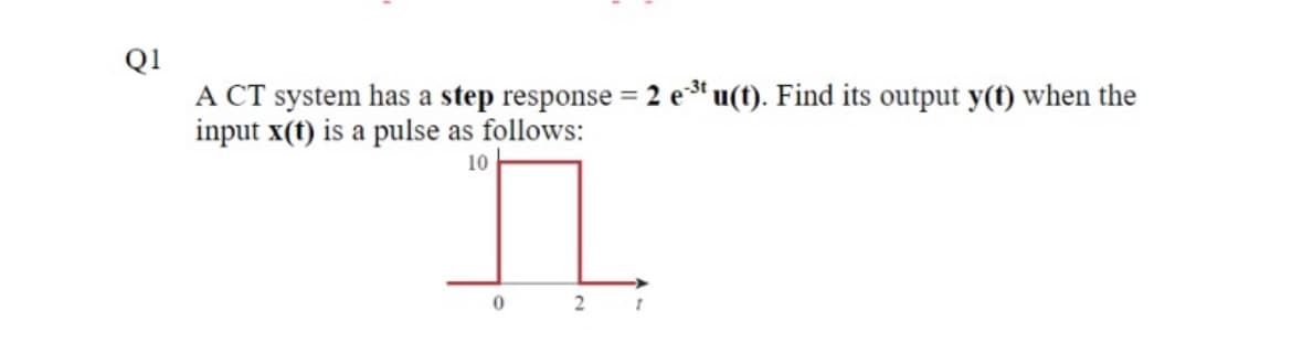 Q1
A CT system has a step response = 2 e u(t). Find its output y(t) when the
input x(t) is a pulse as follows:
10
