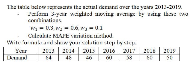 The table below represents the actual demand over the years 2013-2019.
Perform 3-year weighted moving average by using these two
combinations.
W1 = 0.3, w2 = 0.6, w3 = 0.1
Calculate MAPE variation method.
Write formula and show your solution step by step.
Year
2013
2014
2015
2016
2017
2018
2019
Demand
64
48
46
60
58
60
50
