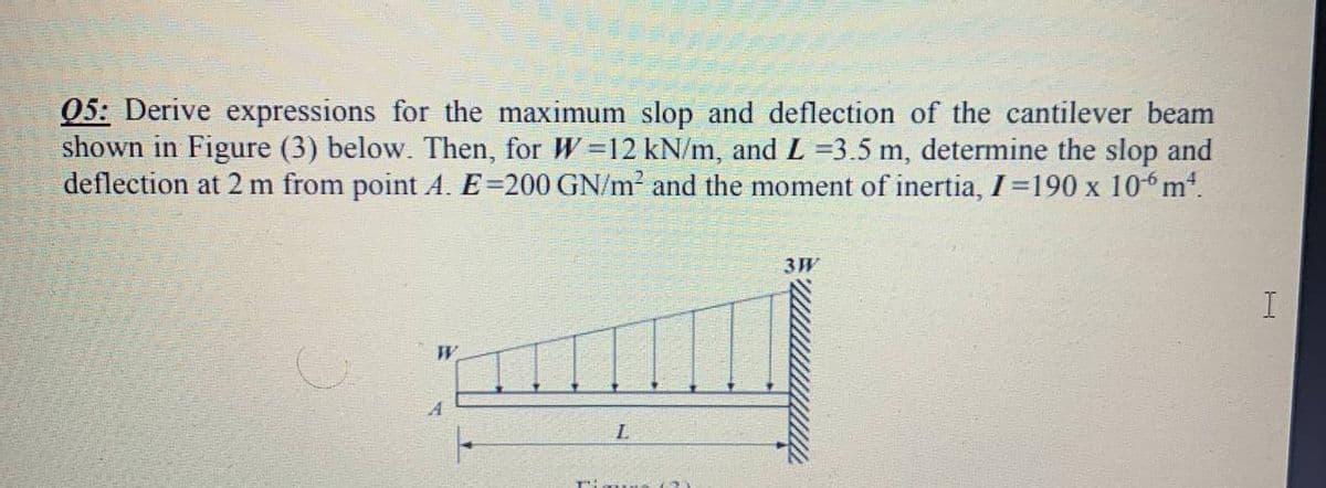 05: Derive expressions for the maximum slop and deflection of the cantilever beam
shown in Figure (3) below. Then, for W=12 kN/m, and L =3.5 m, determine the slop and
deflection at 2 m from point A. E=200 GN/m2 and the moment of inertia, I =190 x 106 m.
3W
W
