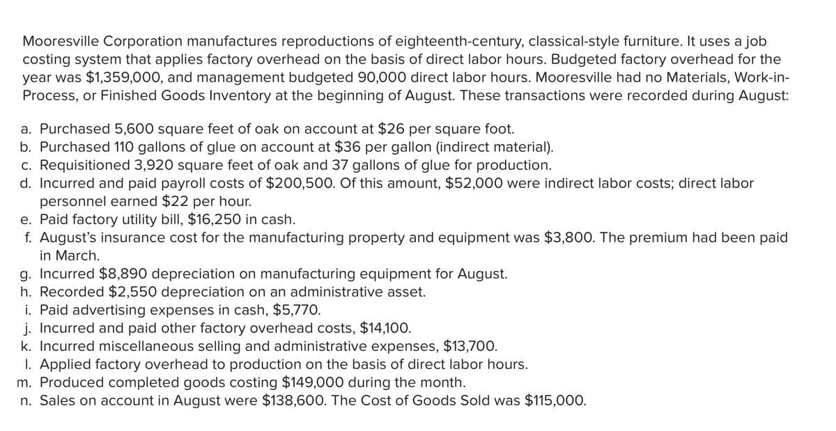 Mooresville Corporation manufactures reproductions of eighteenth-century, classical-style furniture. It uses a job
costing system that applies factory overhead on the basis of direct labor hours. Budgeted factory overhead for the
year was $1,359,000, and management budgeted 90,000 direct labor hours. Mooresville had no Materials, Work-in-
Process, or Finished Goods Inventory at the beginning of August. These transactions were recorded during August:
a. Purchased 5,600 square feet of oak on account at $26 per square foot.
b. Purchased 110 gallons of glue on account at $36 per gallon (indirect material).
c. Requisitioned 3,920 square feet of oak and 37 gallons of glue for production.
d. Incurred and paid payroll costs of $200,500. Of this amount, $52,000 were indirect labor costs; direct labor
personnel earned $22 per hour.
e. Paid factory utility bill, $16,250 in cash.
f. August's insurance cost for the manufacturing property and equipment was $3,800. The premium had been paid
in March.
g. Incurred $8,890 depreciation on manufacturing equipment for August.
h. Recorded $2,550 depreciation on an administrative asset.
i. Paid advertising expenses in cash, $5,770.
j. Incurred and paid other factory overhead costs, $14,100.
k. Incurred miscellaneous selling and administrative expenses, $13,700.
I. Applied factory overhead to production on the basis of direct labor hours.
m. Produced completed goods costing $149,000 during the month.
n. Sales on account in August were $138,600. The Cost of Goods Sold was $115,000.
