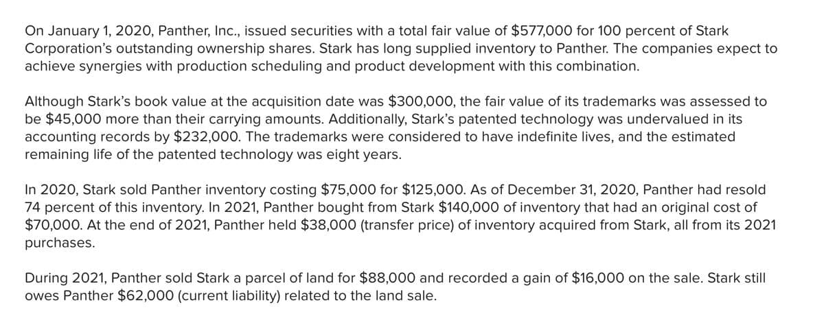 On January 1, 2020, Panther, Inc., issued securities with a total fair value of $577,000 for 100 percent of Stark
Corporation's outstanding ownership shares. Stark has long supplied inventory to Panther. The companies expect to
achieve synergies with production scheduling and product development with this combination.
Although Stark's book value at the acquisition date was $300,000, the fair value of its trademarks was assessed to
be $45,000 more than their carrying amounts. Additionally, Stark's patented technology was undervalued in its
accounting records by $232,000. The trademarks were considered to have indefinite lives, and the estimated
remaining life of the patented technology was eight years.
In 2020, Stark sold Panther inventory costing $75,000 for $125,000. As of December 31, 2020, Panther had resold
74 percent of this inventory. In 2021, Panther bought from Stark $140,000 of inventory that had an original cost of
$70,000. At the end of 2021, Panther held $38,000 (transfer price) of inventory acquired from Stark, all from its 2021
purchases.
During 2021, Panther sold Stark a parcel of land for $88,000 and recorded a gain of $16,000 on the sale. Stark still
owes Panther $62,000 (current liability) related to the land sale.
