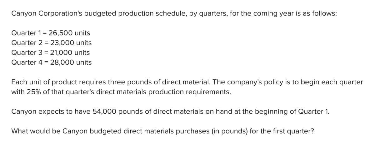 Canyon Corporation's budgeted production schedule, by quarters, for the coming year is as follows:
Quarter 1= 26,500 units
Quarter 2 = 23,000 units
Quarter 3 = 21,000 units
Quarter 4 = 28,000 units
Each unit of product requires three pounds of direct material. The company's policy is to begin each quarter
with 25% of that quarter's direct materials production requirements.
Canyon expects to have 54,000 pounds of direct materials on hand at the beginning of Quarter 1.
What would be Canyon budgeted direct materials purchases (in pounds) for the first quarter?
