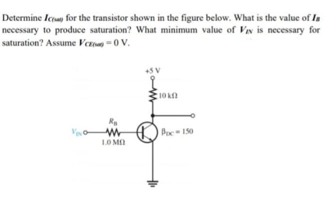 Determine Icosa) for the transistor shown in the figure below. What is the value of Is
necessary to produce saturation? What minimum value of VIN is necessary for
saturation? Assume VCE(sa) = 0 V.
+5 V
10 k
R
VNO
Poc 150
1.0 MA
