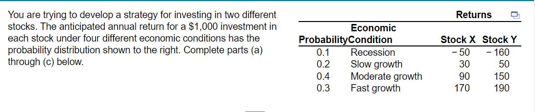 You are trying to develop a strategy for investing in two different
stocks. The anticipated annual return for a $1,000 investment in
Returns
Economic
each stock under four different economic conditions has the
ProbabilityCondition
Stock X Stock Y
probability distribution shown to the right. Complete parts (a)
through (c) below.
0.1
Recession
- 50
- 160
Slow growth
Moderate growth
Fast growth
0.2
30
50
0.4
90
150
0.3
170
190
