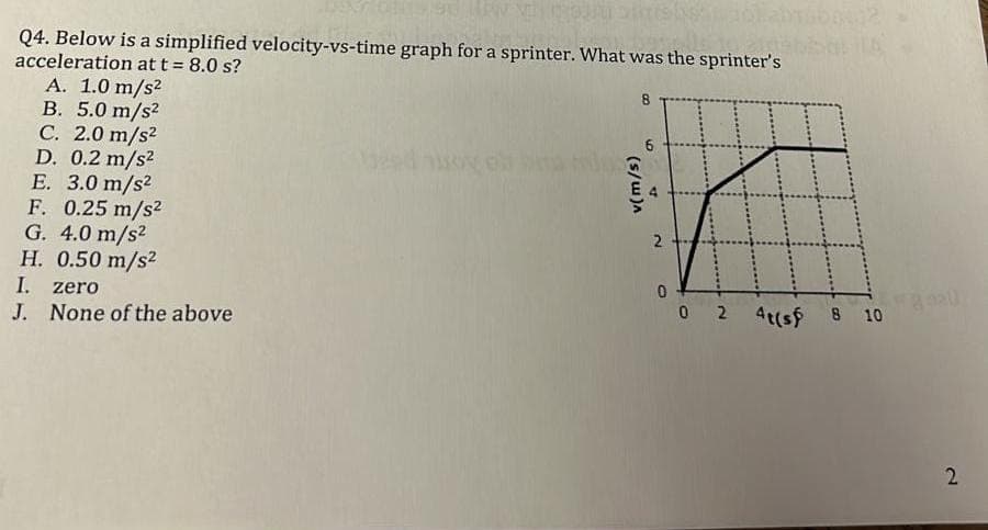 Q4. Below is a simplified velocity-vs-time graph for a sprinter. What was the sprinter's
acceleration at t = 8.0 s?
A. 1.0 m/s²
B. 5.0 m/s2
C. 2.0 m/s²
D. 0.2 m/s²
E. 3.0 m/s²
F. 0.25 m/s²
G. 4.0 m/s²
H. 0.50 m/s²
atshs
I. zero
J. None of the above
B
(s/w)A
9
4
2
0
0 2 4t(s) 8 10
2