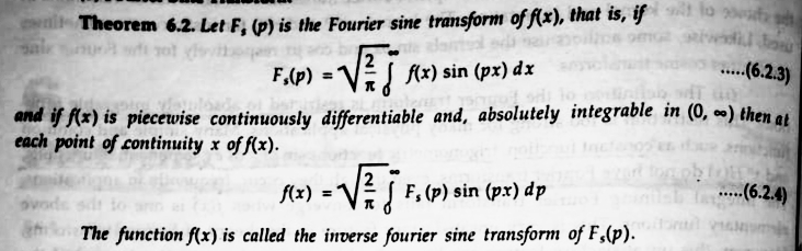 InTheorem 6.2. Let F, (p) is the Fourier sine transform of f(x), that is, if lo st
elatl sd
(x) sin (px) dx
F,(p)
..(6.2.3)
and if (x) is piecewise continuously differentiable and, absolutely integrable in (0, -) then at
each point of continuity x of f(x).
f(x)
F, (p) sin (px) dp
... (6.2.4)
The function f(x) is called the inverse fourier sine transform of F,(p).
