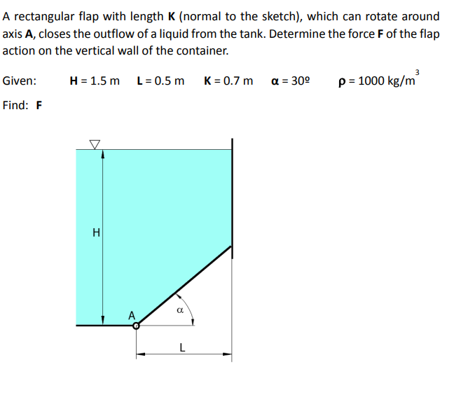 A rectangular flap with length K (normal to the sketch), which can rotate around
axis A, closes the outflow of a liquid from the tank. Determine the force F of the flap
action on the vertical wall of the container.
Given:
H = 1.5 m L= 0.5 m
K = 0.7 m
a = 30°
p= 1000 kg/m
Find: F
H
A
L
