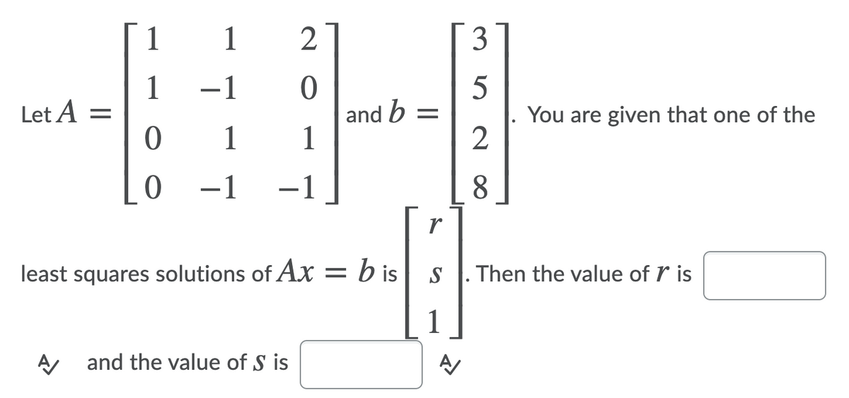 2
3
1
Let A =
-1
5
You are given that one of the
and b =
1
1
-1
-1
8.
r
least squares solutions of Ax = b is
S
Then the value of r is
1
and the value of S is
