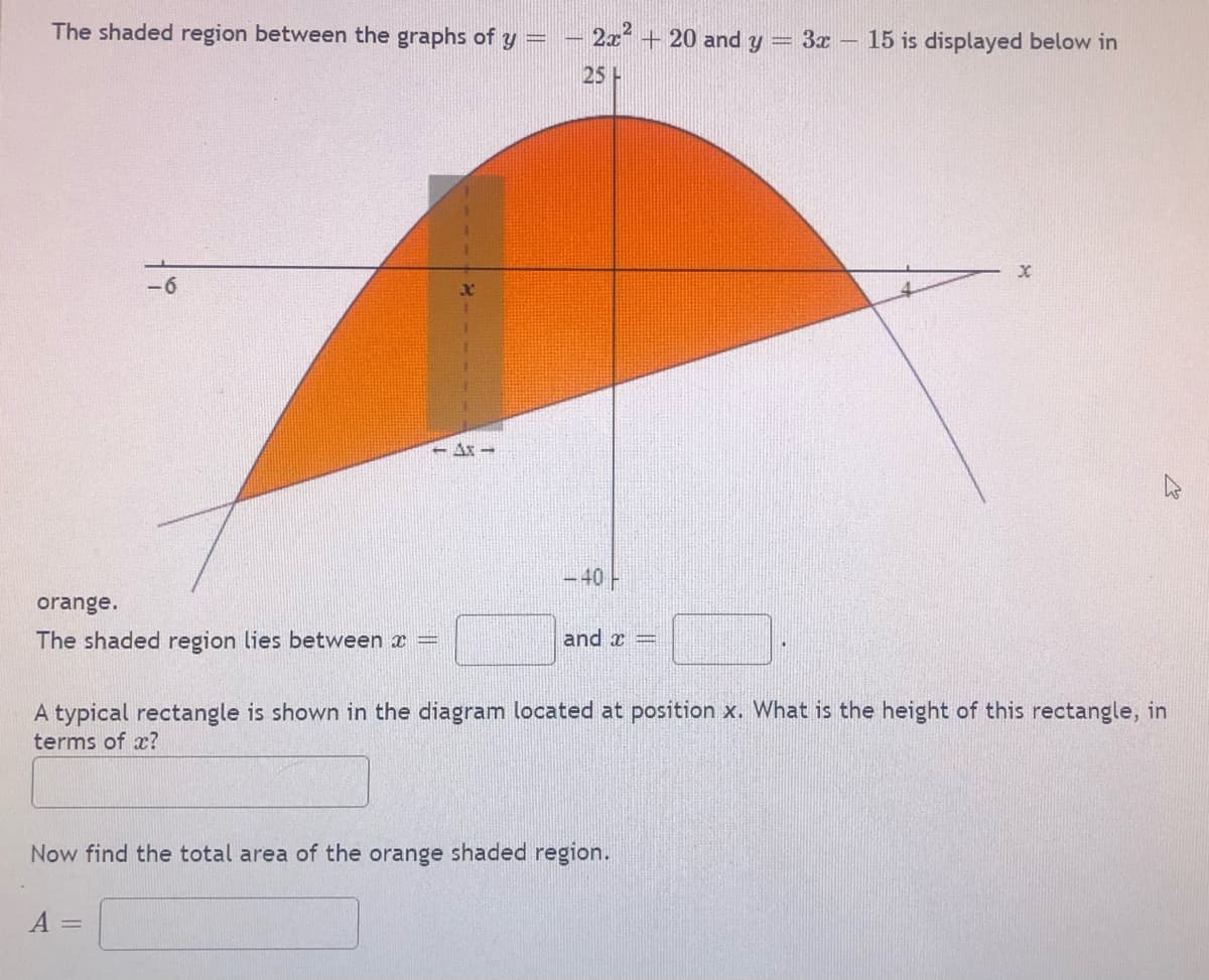 The shaded region between the graphs of y =
2x + 20 and y =
3x - 15 is displayed below in
25 H
-Ax -
-40
orange.
The shaded region lies between x
and x =
A typical rectangle is shown in the diagram located at position x. What is the height of this rectangle, in
terms of x?
Now find the total area of the orange shaded region.
