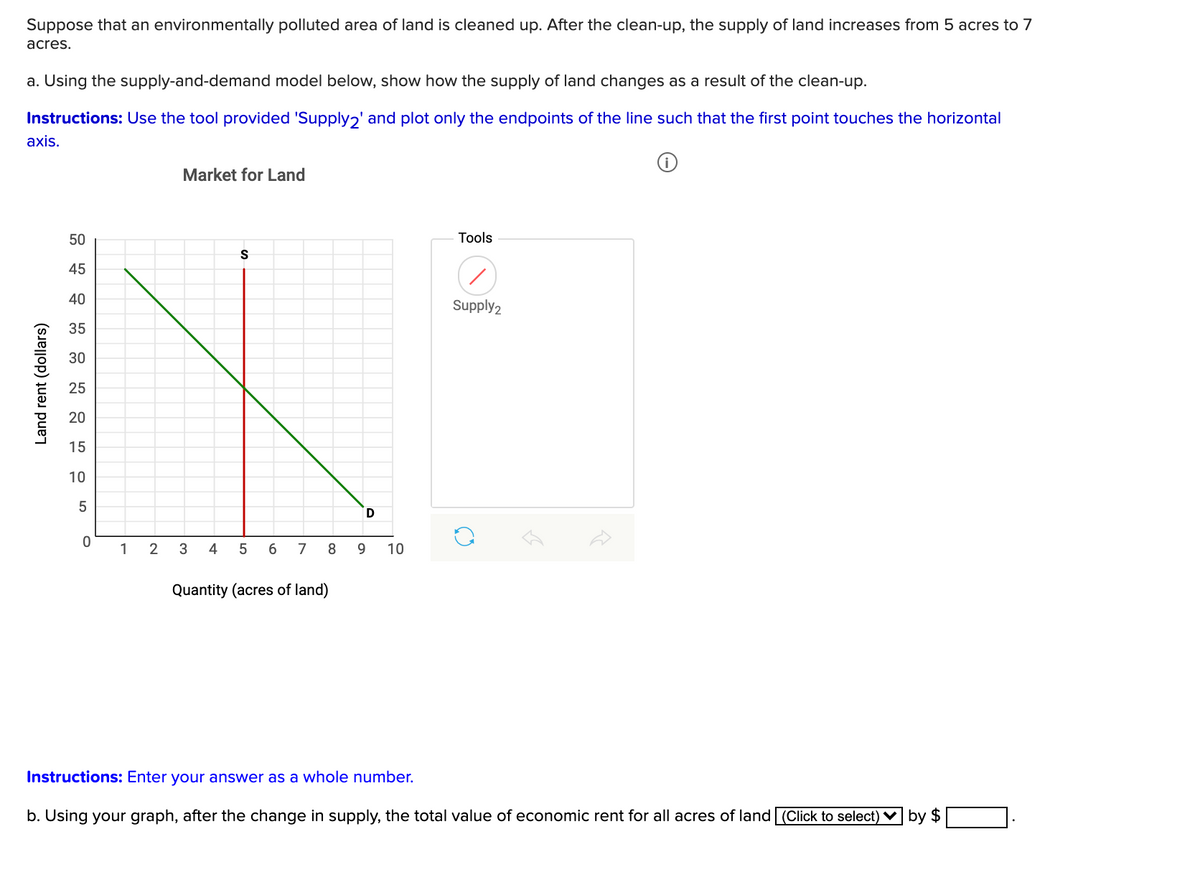 Suppose that an environmentally polluted area of land is cleaned up. After the clean-up, the supply of land increases from 5 acres to 7
acres.
a. Using the supply-and-demand model below, show how the supply of land changes as a result of the clean-up.
Instructions: Use the tool provided 'Supply2' and plot only the endpoints of the line such that the first point touches the horizontal
axis.
Market for Land
50
Tools
S
45
40
Supply2
35
30
25
20
15
10
1
2
4
7
8.
9.
10
Quantity (acres of land)
Instructions: Enter your answer as a whole number.
b. Using your graph, after the change in supply, the total value of economic rent for all acres of land (Click to select) ♥ by
Land rent (dollars)
