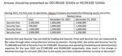 Answer should be presented as: DECREASE 123456 or INCREASE 123456
During 2021, the first year of operations, Dejavu Company purchased the following equity securities:
Market Value
December 31, 2022
1,900,000
1,100,000
1,600,000
1,200,000
Security One
Security Two
Security Three
Security Faur
Cost
2,200,000
700,000
December 31, 2021
1,400,000
1,000,000
1,500,000
2,500,000
1,600,000
2,000,000
Security One and Security Two are held for trading and Security Three and Security Four are measured at
Fair value through other comprehensive income by election. During 2022, the entity sold Security Two for
P1,000,000 and half of Security Four for P500,000. Revenues and operating (marketing and administrative)
expenses for the year 2022 are P7,500,000 and P4,000,000 respectively. How much is the change in
Retained Earnings for the year 2022 due to the equity securities (indicate whether increase or decrease)?
