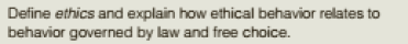 Define ethics and explain how ethical behavior relates to
behavior governed by law and free choice.
