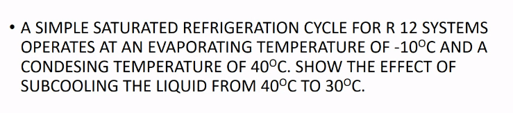 • A SIMPLE SATURATED REFRIGERATION CYCLE FOR R 12 SYSTEMS
OPERATES AT AN EVAPORATING TEMPERATURE OF -10°C AND A
CONDESING TEMPERATURE OF 40°C. SHOW THE EFFECT OF
SUBCOOLING THE LIQUID FROM 40°C TO 30°C.
