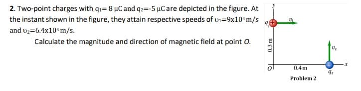 2. Two-point charges with q:= 8 µC and q2=-5 µC are depicted in the figure. At
the instant shown in the figure, they attain respective speeds of vi=9x10+m/s
and uz=6.4x104m/s.
Calculate the magnitude and direction of magnetic field at point 0.
Uz
0.4m
Problem 2
0.3 m
