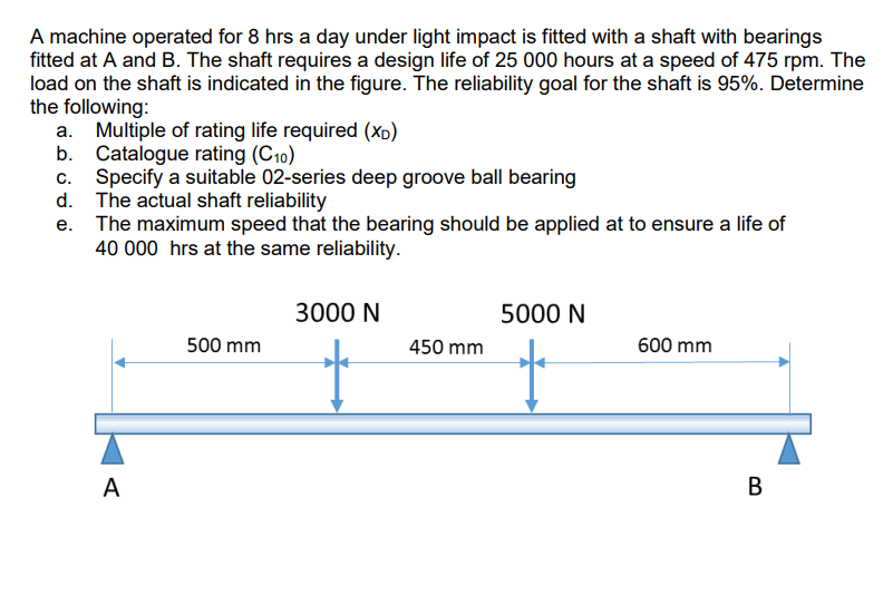 A machine operated for 8 hrs a day under light impact is fitted with a shaft with bearings
fitted at A and B. The shaft requires a design life of 25 000 hours at a speed of 475 rpm. The
load on the shaft is indicated in the figure. The reliability goal for the shaft is 95%. Determine
the following:
Multiple of rating life required (Xp)
b.
а.
Catalogue rating (C10)
Specify a suitable 02-series deep groove ball bearing
d.
c.
The actual shaft reliability
The maximum speed that the bearing should be applied at to ensure a life of
40 000 hrs at the same reliability.
е.
3000 N
5000 N
500 mm
450 mm
600 mm
A
В
