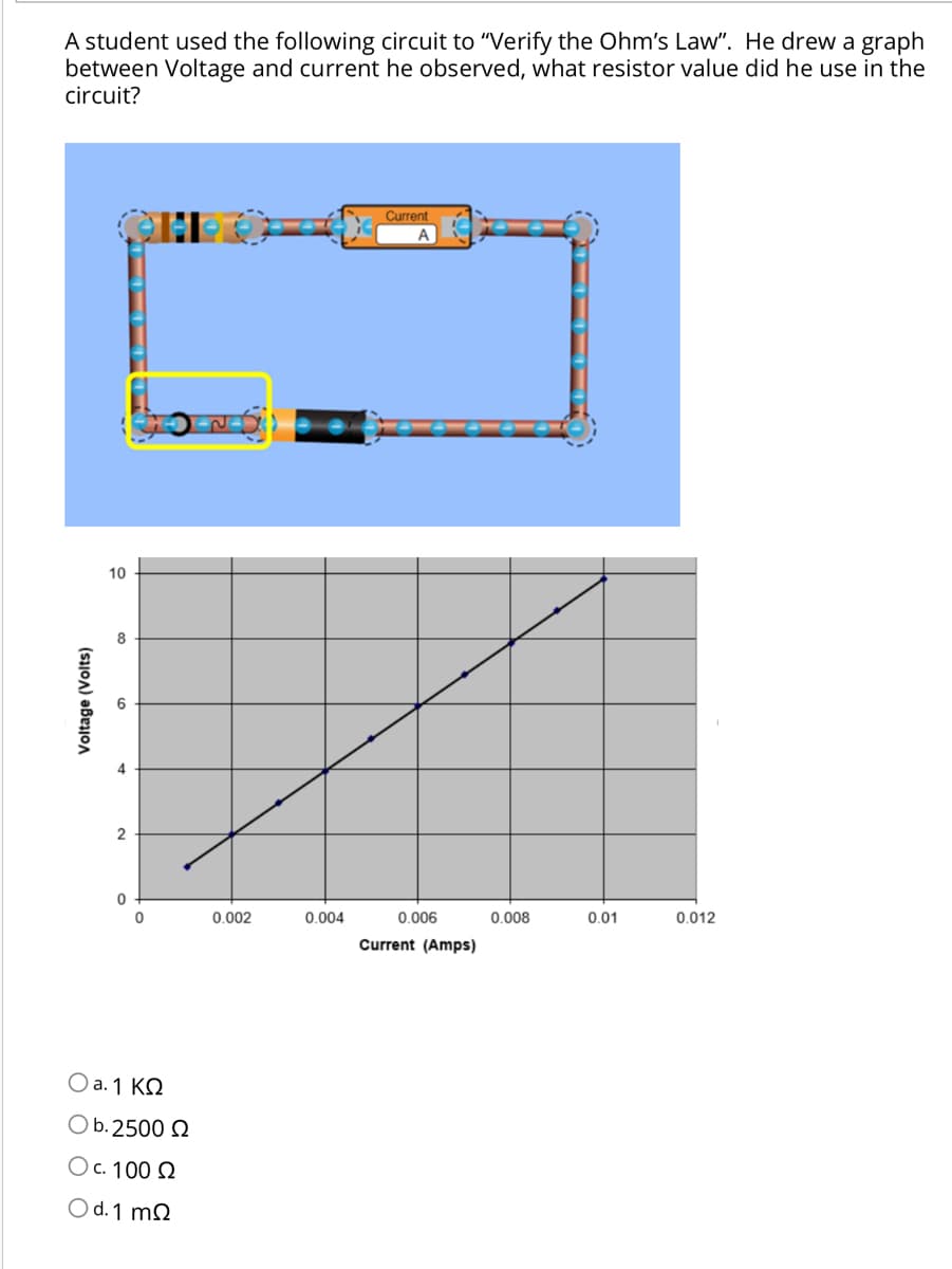 A student used the following circuit to "Verify the Ohm's Law". He drew a graph
between Voltage and current he observed, what resistor value did he use in the
circuit?
Current
10
2
0.002
0.004
0.006
0.008
0.01
0.012
Current (Amps)
O a. 1 KN
O b.2500 N
Oc. 100 Q
O d.1 m.
Voltage (Volts)

