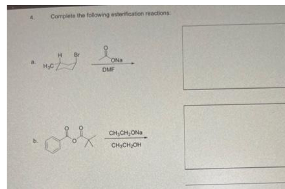 Complete the following esterification reactions:
i
Br
H₂C
obf
ONB
DMF
CH₂CH₂ONa
CH₂CH₂OH
