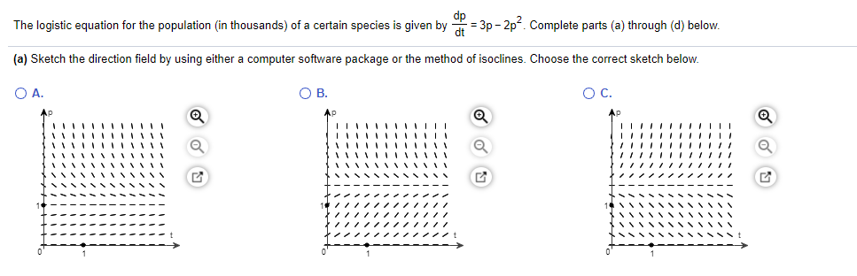 dp
The logistic equation for the population (in thousands) of a certain species is given by = 3p - 2p. Complete parts (a) through (d) below.
(a) Sketch the direction field by using either a computer software package or the method of isoclines. Choose the correct sketch below.
OA.
O B.
OC.
Ap
Ap
