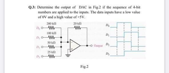 Q.3: Determine the output of DAC in Fig.2 if the sequence of 4-bit
numbers are applied to the inputs. The data inputs have a low value
of 0V and a high value of +5V.
200 k
D, oW
20 kfl
D,
100 kA
D
D, oW
50 kN
D, 0
O Output
25 kfl
Dy
D, oW
Fig.2

