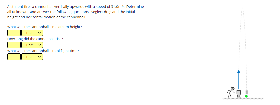 A student fires a cannonball vertically upwards with a speed of 31.0m/s. Determine
all unknowns and answer the following questions. Neglect drag and the initial
height and horizontal motion of the cannonball.
What was the cannonball's maximum height?
unit
How long did the cannonball rise?
unit
What was the cannonball's total flight time?
unit
