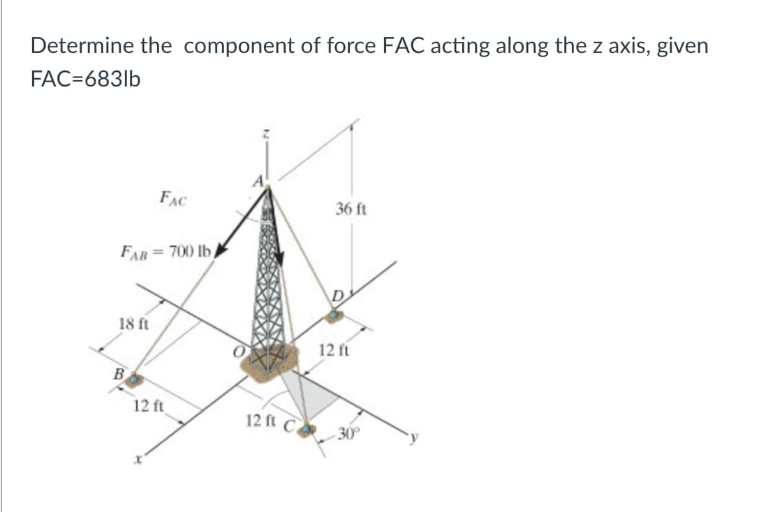 Determine the component of force FAC acting along the z axis, given
FAC=683lb
FAC
36 ft
FAB = 700 lb
18 ft
12 ft
12 ft
12 ft C
30
