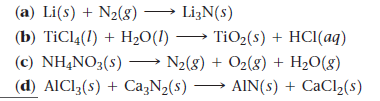 (a) Li(s) + N2(g) → LizN(s)
(b) TiCl4(1) + H20(1) –→ TiO2(s) + HCI(aq)
(c) NH¼NO3(s) → N2(g) + O2(8) + H2O(g)
(d) AICI3(s) + Ca,N2(s)
AIN(s) + CaCl2(s)
