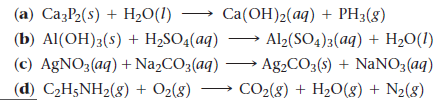 Ca(OH)2(aq) + PH3(8)
Al2(SO4)3(aq) + H2O(1)
(a) CazP2(s) + H2O(1)
(b) Al(OH)3(s) + H2SO4(aq)
(c) AgNO3(aq) + Na,CO3(aq) → A82CO3(s) + NaNO3(aq)
(d) C2H5NH2(g) + O2(8)
CO2(g) + H2O(g) + N2(8)
