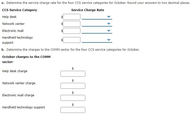 a. Determine the service charge rate for the four CCs service categories for October. Round your answers to two decimal places.
CCs Service Category
Service Charge Rate
Help desk
Network center
Electronic mail
Handheld technology
support
b. Determine the charges to the COMM sector for the four CCS service categories for October.
October charges to the COMM
sector:
Help desk charge
24
Network center charge
$4
Electronic mail charge
Handheld technology support
%24
%24

