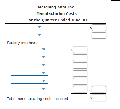 Marching Ants Inc.
Manufacturing Costs
For the Quarter Ended June 30
Factory overhead:
Total manufacturing costs incurred
%24
%24
%24
