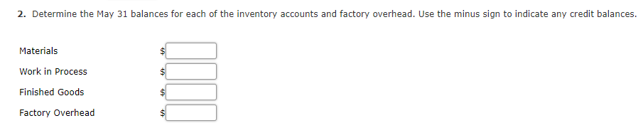 2. Determine the May 31 balances for each of the inventory accounts and factory overhead. Use the minus sign to indicate any credit balances.
Materials
Work in Process
Finished Goods
Factory Overhead
%24
%24
