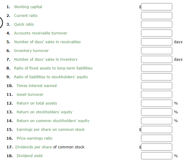 1. Working capital
2. Current ratio
3. Quick ratio
4. Accounts receivable turnover
5. Number of days' sales in receivables
days
6. Inventory turnover
7. Number of days' sales in inventory
days
8. Ratio of fixed assets to long-term liabilities
9. Ratio of liabilities to stockholders' equity
10. Times interest earned
11. Asset turnover
12. Return on total assets
%
13. Return on stockholders' equity
0%
14. Return on common stockholders' equity
%
15. Earnings per share on common stock
16. Price-earnings ratio
17. Dividends per share of common stock
18. Dividend yield
%
%24
