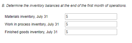 B. Determine the inventory balances at the end of the first month of operations.
Materials inventory, July 31
$
Work in process inventory, July 31
$
Finished goods inventory, July 31
$
%24
%24
%24
