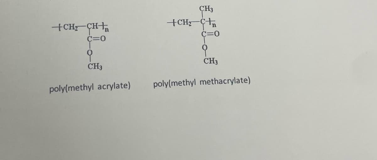 +CH₂-CH+n
C=0
9
CH3
poly(methyl acrylate)
CH3
+CH₂-C
C=O
CH3
poly(methyl methacrylate)
