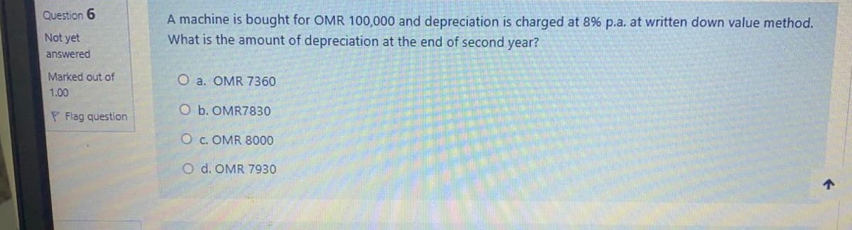 Question 6
A machine is bought for OMR 100,000 and depreciation is charged at 8% p.a. at written down value method.
What is the amount of depreciation at the end of second year?
Not yet
answered
Marked out of
O a. OMR 7360
1.00
O b. OMR7830
P Flag question
O c. OMR 8000
O d. OMR 7930
