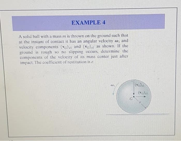 EXAMPLE 4
A solid ball with a mass m is thrown on the ground such that
at the instant of contact it has an angular velocity and
velocity components (VG) and (VG) as shown. If the
ground is rough so no slipping occurs, determine the
components of the velocity of its mass center just after
impact. The coefficient of restitution is e.
(va)yt
(va)a