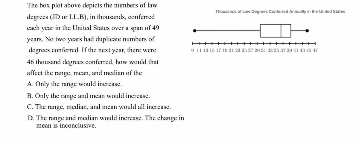 The box plot above depicts the numbers of law
Thousands of Law Degrees Conferred Annually in the United States
degrees (JD or LL.B), in thousands, conferred
each year in the United States over a span of 49
years. No two years had duplicate numbers of
degrees conferred. If the next year,
+++ +++++++
9 11 13 15 17 19 21 23 25 27 29 31 33 35 37 39 41 43 45 47
++++H
there were
46 thousand degrees conferred, how would that
affect the range, mean, and median of the
A. Only the range would increase.
B. Only the range and mean would increase.
C. The range, median, and mean would all increase.
D. The range and median would increase. The change in
mean is inconclusive.
