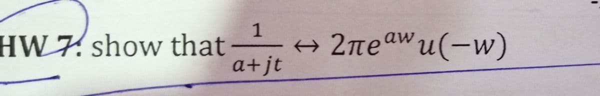 1
HW 7. show that -
a+jt
2neawu(-w)
