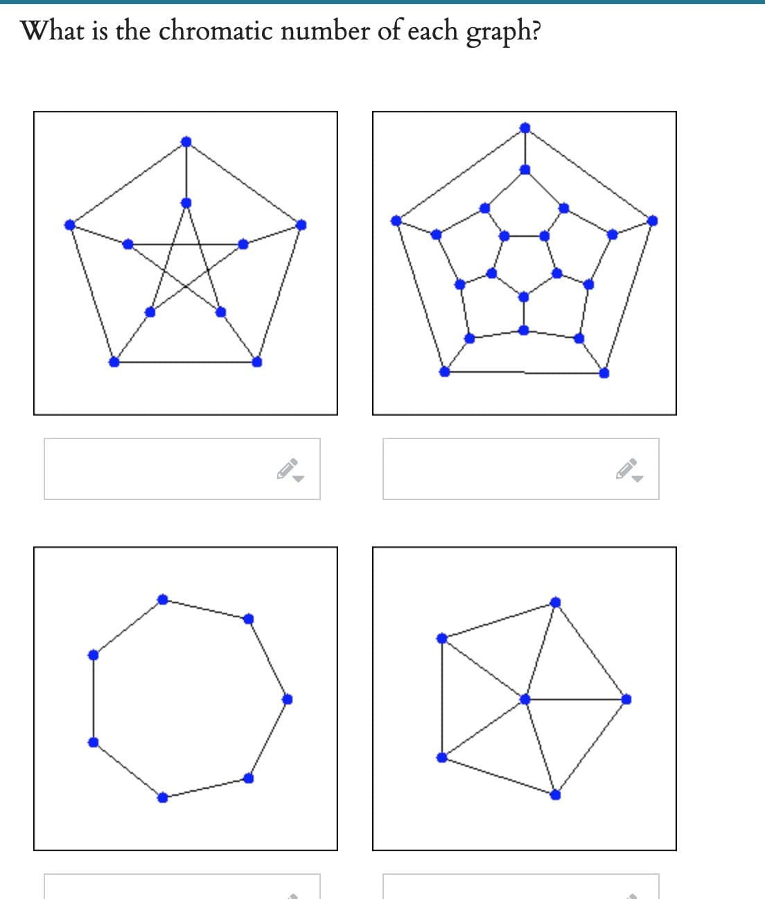 What is the chromatic number of each graph?
▶
D
→