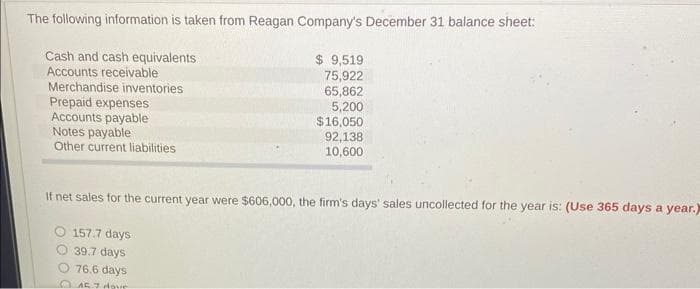 The following information is taken from Reagan Company's December 31 balance sheet:
Cash and cash equivalents
Accounts receivable
Merchandise inventories
Prepaid expenses
Accounts payable
Notes payable
Other current liabilities
$9,519
75,922
65,862
5,200
157.7 days
O 39.7 days
76.6 days
0157 dove
$16,050
92,138
10,600
If net sales for the current year were $606,000, the firm's days' sales uncollected for the year is: (Use 365 days a year.)