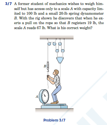 3/7 A former student of mechanics wishes to weigh him-
self but has access only to a scale A with capacity lim-
ited to 100 lb and a small 20-lb spring dynamometer
B. With the rig shown he discovers that when he ex-
erts a pull on the rope so that B registers 19 Ib, the
scale A reads 67 lb. What is his correct weight?
B
A
Problem 3/7
