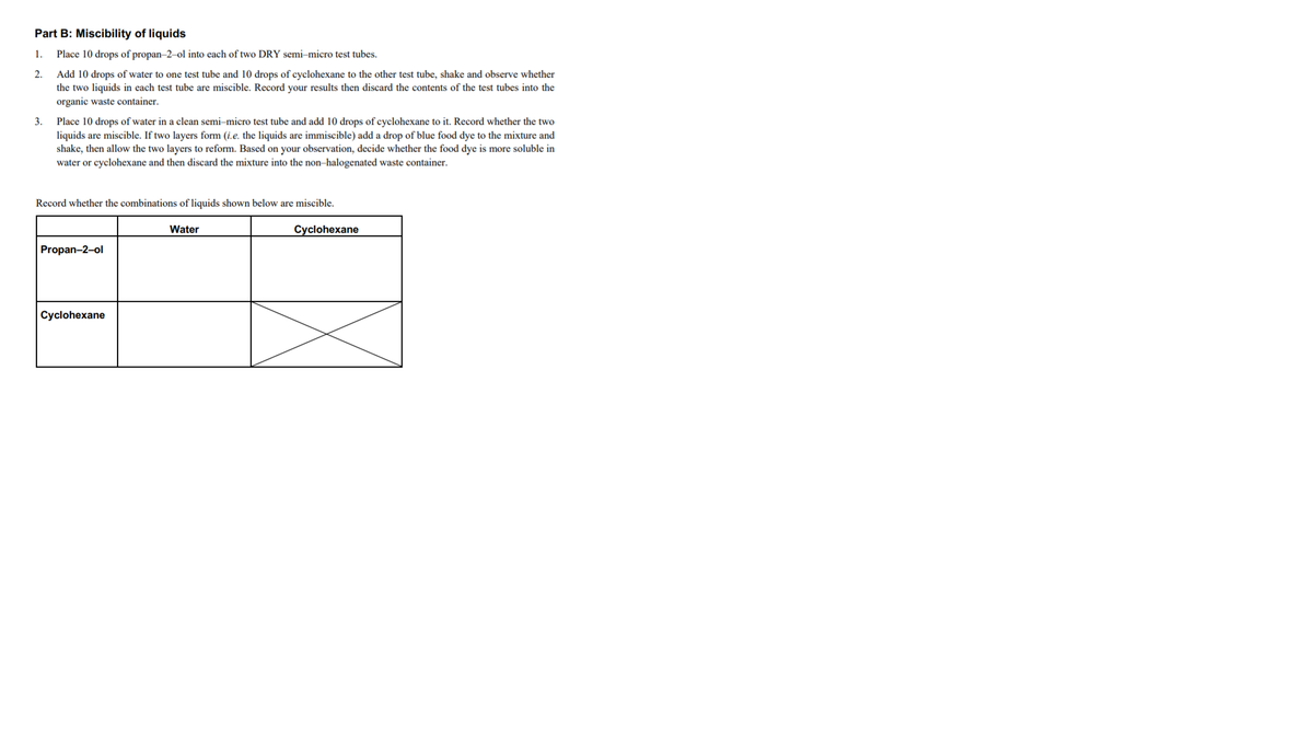 Part B: Miscibility of liquids
1.
Place 10 drops of propan-2-ol into each of two DRY semi-micro test tubes.
2.
Add 10 drops of water to one test tube and 10 drops of cyclohexane to the other test tube, shake and observe whether
the two liquids in each test tube are miscible. Record your results then discard the contents of the test tubes into the
organic waste container.
3.
Place 10 drops of water in a clean semi–micro test tube and add 10 drops of cyclohexane to it. Record whether the two
liquids are miscible. If two layers form (i.e. the liquids are immiscible) add a drop of blue food dye to the mixture and
shake, then allow the two layers to reform. Based on your observation, decide whether the food dye is more soluble in
water or cyclohexane and then discard the mixture into the non–halogenated waste container.
Record whether the combinations of liquids shown below are miscible.
Water
Cyclohexane
Propan-2-ol
Cyclohexane
