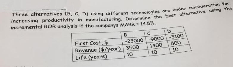 incremental ROR analysis if the companys MARR = 14.5%.
B
C
D.
First Cost, $
-23000 -9000 -3100
500
Revenue ($/year) 3500
Life (years)
1400
10
10
10
