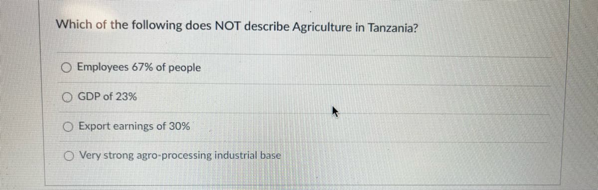 Which of the following does NOT describe Agriculture in Tanzania?
O Employees 67% of people
GDP of 23%
O Export earnings of 30%
O Very strong agro-processing industrial base
